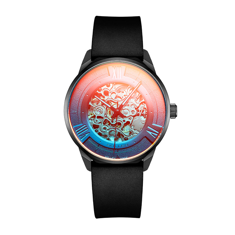Sollen SL605 Automatic Watch - Men's Skeleton Mechanical Magic Glass Mesh and Rubber Strap Wristwatch
