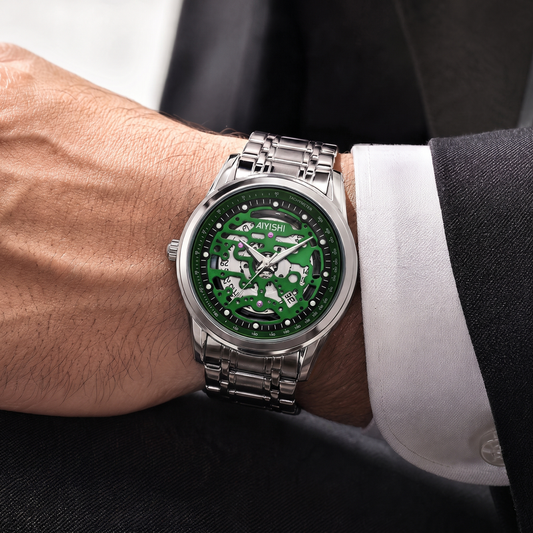 AIYISHI AYS2805G Live Edition Men's Skeleton Style Quartz Watch - 40mm Silver Case Tachymeter Bezel Date Window Metal Band Wristwatch