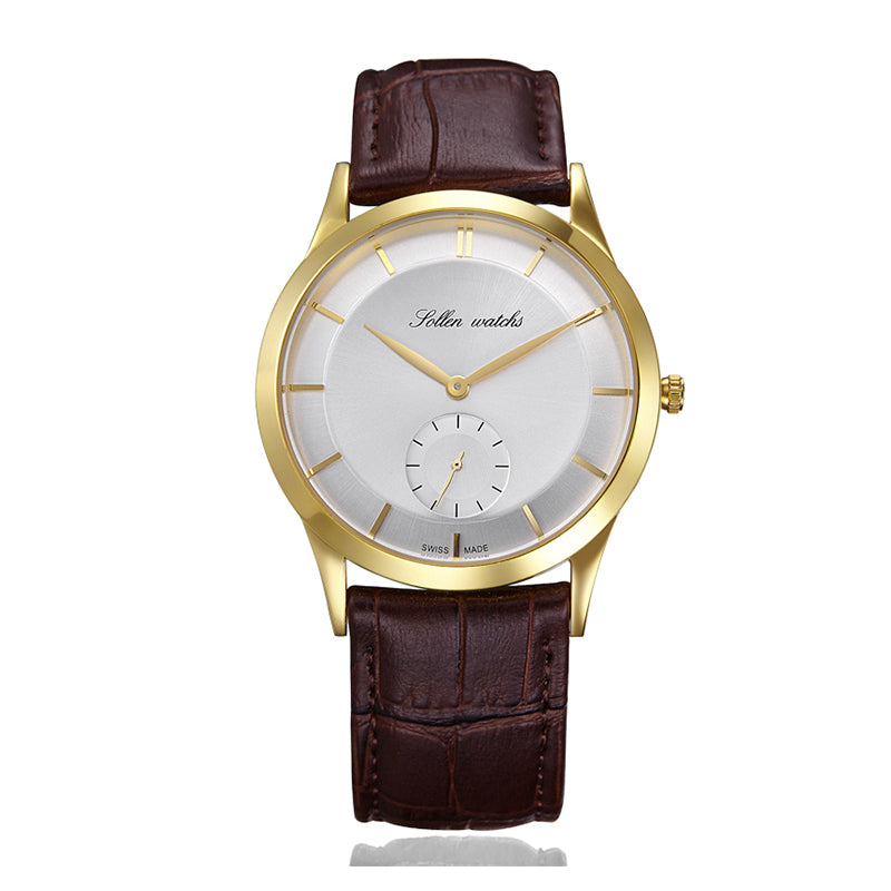 Sollen 9003 Quartz Watch - Men's Small Seconds Sunray Dial Genuine Leather Strap Wristwatch