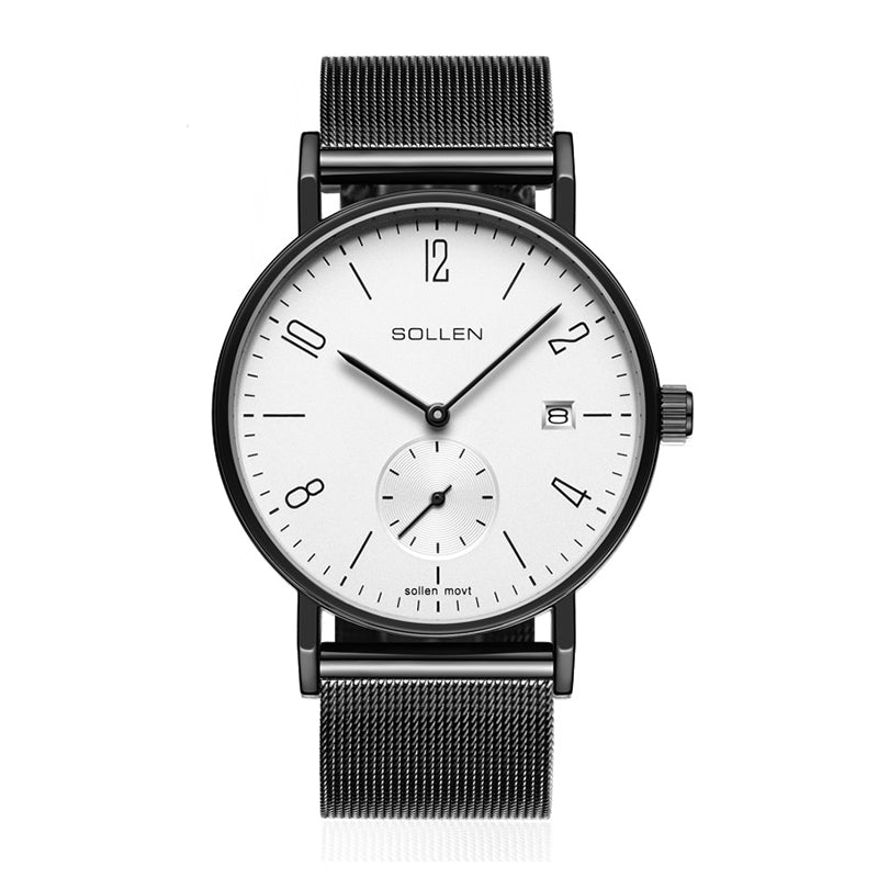 Sollen 9045 Quartz Watch - Men's Small Seconds Sunray Dial Ultra-Thin Stainless Steel Mesh Strap Wristwatch
