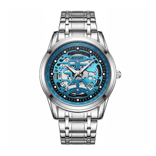 AIYISHI AYS2805G Live Edition Men's Skeleton Style Quartz Watch - 40mm Silver Case Tachymeter Bezel Date Window Metal Band Wristwatch