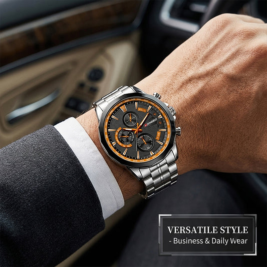 LONGBO LB80235G Live Edition Men's Sport Chrono Style Quartz Watch - 47mm Silver Case Orange Accent Black Dial Decorative Subdials Metal Band Wristwatch