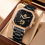 YASHDUN YSD5061 Quartz Watch - Live Edition Men's Heavy Industrial 43mm Square-Octagonal Case Steampunk Mechanical Gear Illusion Dial Date Steel Link Bracelet Wristwatch