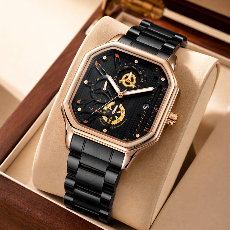 YASHDUN YSD5061 Quartz Watch - Live Edition Men's Heavy Industrial 43mm Square-Octagonal Case Steampunk Mechanical Gear Illusion Dial Date Steel Link Bracelet Wristwatch