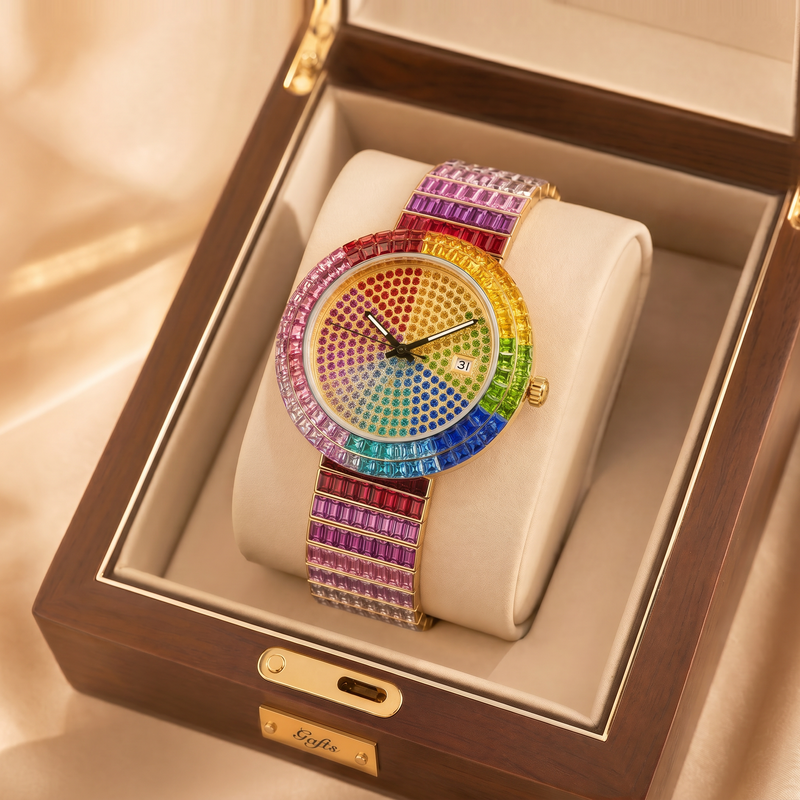 KDW KDW-2401 Quartz Watch - Live Edition Men's & Women's Luxury Iced-Out Full Rainbow Gradient Crystals Encrusted Gold Case Luminous Hands Date Window Stainless Steel Band Hiphop Wristwatch