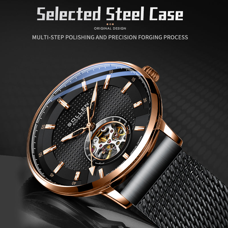 Sollen SL362 Men's Open Heart Automatic Mechanical Watch - 42mm Stainless Steel Case Slim 9.9mm Ice Blue Luminous Markers Mesh Bracelet Wristwatch