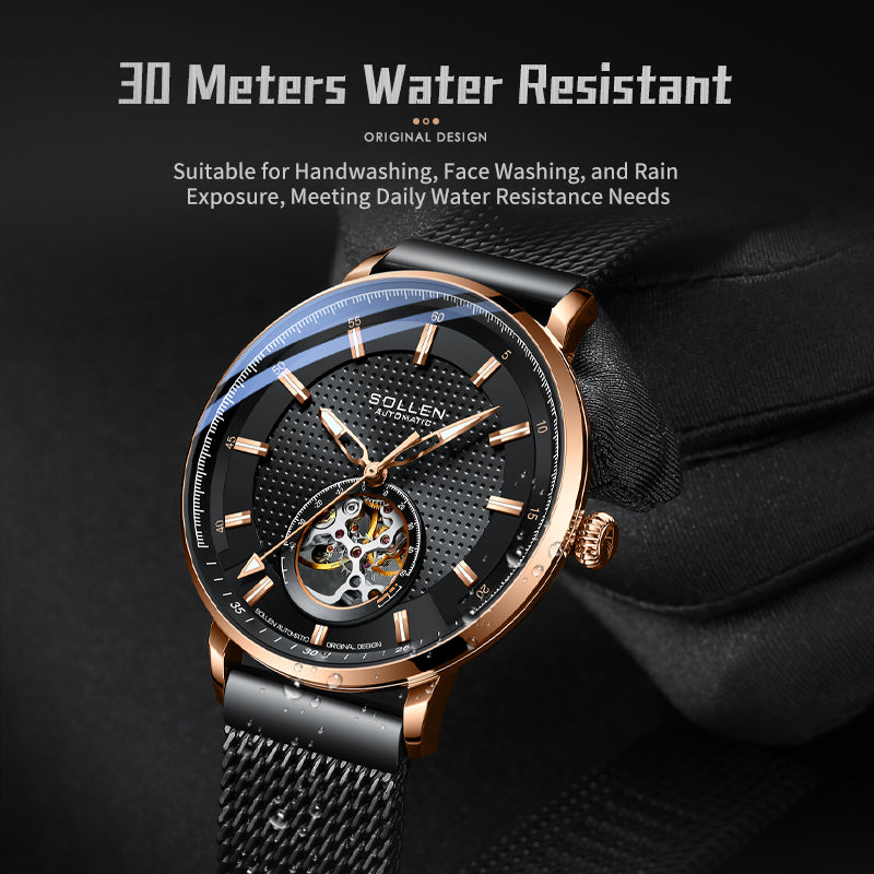 Sollen SL362 Men's Open Heart Automatic Mechanical Watch - 42mm Stainless Steel Case Slim 9.9mm Ice Blue Luminous Markers Mesh Bracelet Wristwatch