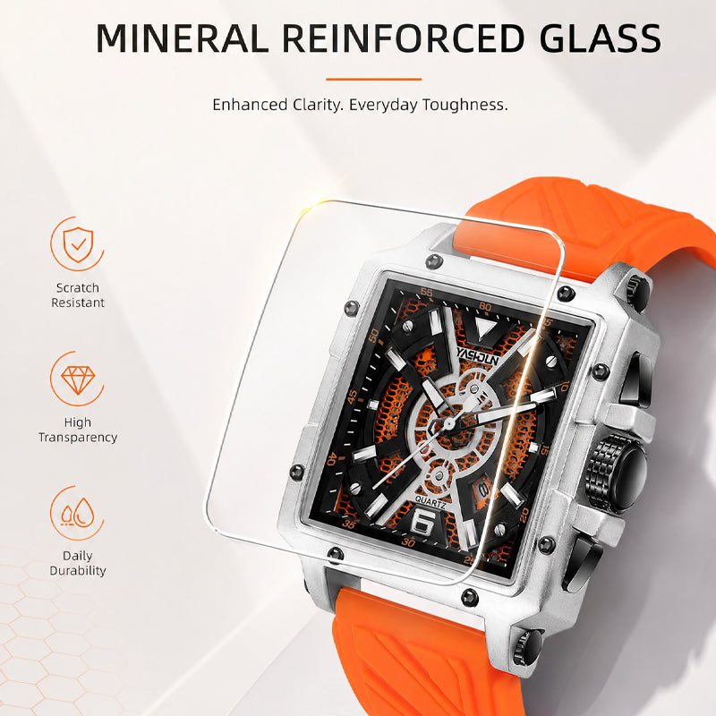 YASHDUN YSD5071 Quartz Watch - Live Edition Men's Heavy Sport 41mm Square Riveted Bezel Mechanical Engine Skeleton Illusion Dial Slanted Date Sculpted Silicone Strap Wristwatch