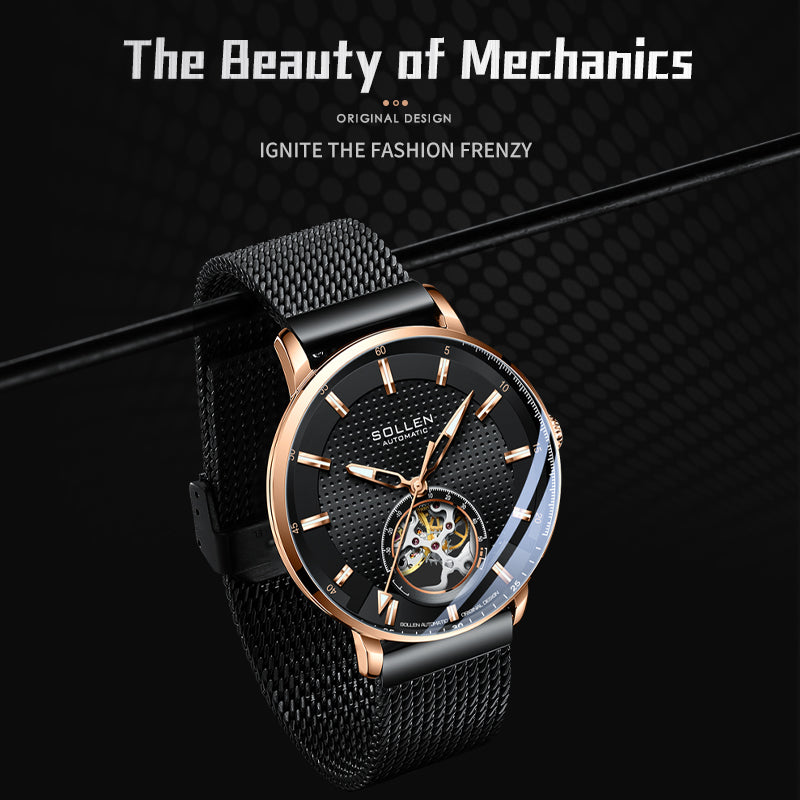 Sollen SL362 Men's Open Heart Automatic Mechanical Watch - 42mm Stainless Steel Case Slim 9.9mm Ice Blue Luminous Markers Mesh Bracelet Wristwatch