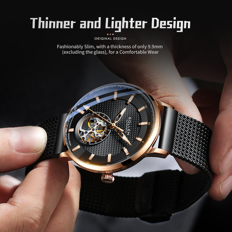 Sollen SL362 Men's Open Heart Automatic Mechanical Watch - 42mm Stainless Steel Case Slim 9.9mm Ice Blue Luminous Markers Mesh Bracelet Wristwatch
