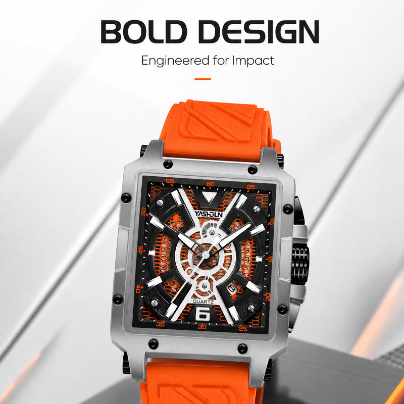 YASHDUN YSD5071 Quartz Watch - Live Edition Men's Heavy Sport 41mm Square Riveted Bezel Mechanical Engine Skeleton Illusion Dial Slanted Date Sculpted Silicone Strap Wristwatch