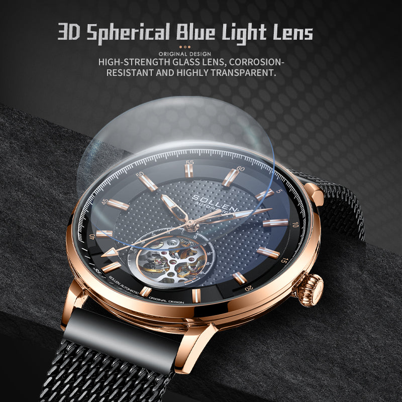 Sollen SL362 Men's Open Heart Automatic Mechanical Watch - 42mm Stainless Steel Case Slim 9.9mm Ice Blue Luminous Markers Mesh Bracelet Wristwatch