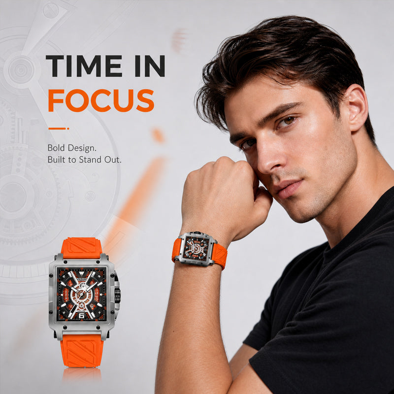 YASHDUN YSD5071 Quartz Watch - Live Edition Men's Heavy Sport 41mm Square Riveted Bezel Mechanical Engine Skeleton Illusion Dial Slanted Date Sculpted Silicone Strap Wristwatch