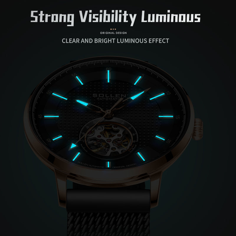 Sollen SL362 Men's Open Heart Automatic Mechanical Watch - 42mm Stainless Steel Case Slim 9.9mm Ice Blue Luminous Markers Mesh Bracelet Wristwatch