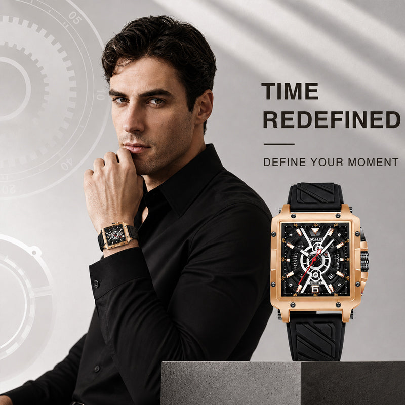 YASHDUN YSD5071 Quartz Watch - Live Edition Men's Heavy Sport 41mm Square Riveted Bezel Mechanical Engine Skeleton Illusion Dial Slanted Date Sculpted Silicone Strap Wristwatch