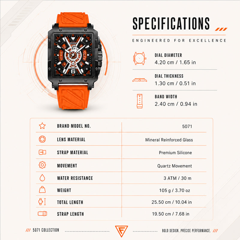 YASHDUN YSD5071 Quartz Watch - Live Edition Men's Heavy Sport 41mm Square Riveted Bezel Mechanical Engine Skeleton Illusion Dial Slanted Date Sculpted Silicone Strap Wristwatch