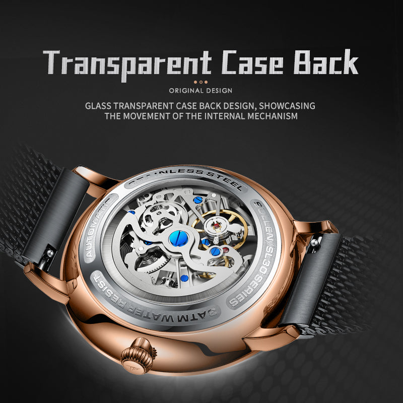 Sollen SL362 Men's Open Heart Automatic Mechanical Watch - 42mm Stainless Steel Case Slim 9.9mm Ice Blue Luminous Markers Mesh Bracelet Wristwatch