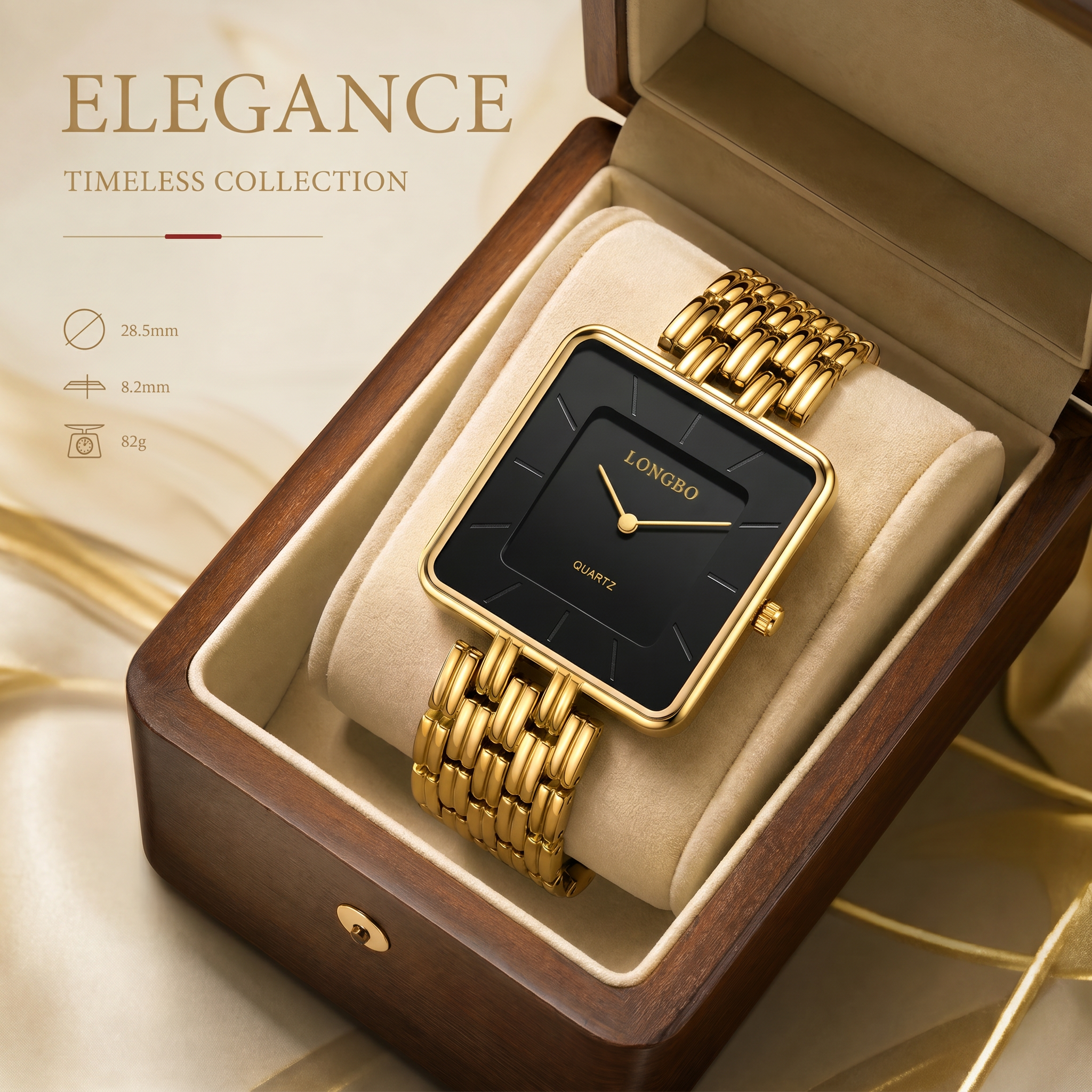 LONGBO LB83810 Quartz Watch - Live Edition Men's & Women‘s Minimalist 38mm Square Case 2-Hand Dress Timepiece Full IPB Gold Finish Multi-Bead Steel Link Bracelet Wristwatch