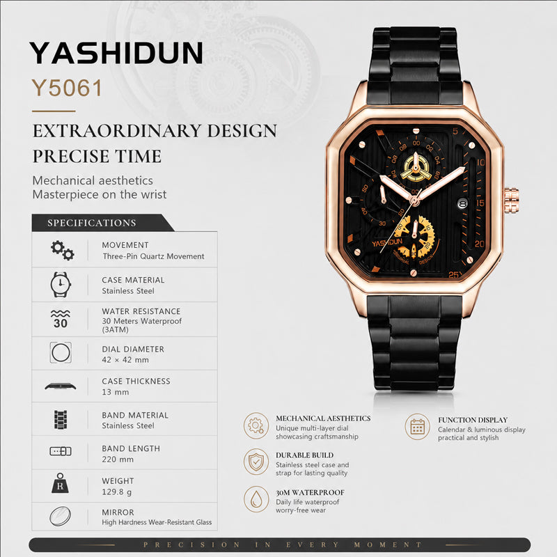YASHDUN YSD5061 Quartz Watch - Live Edition Men's Heavy Industrial 43mm Square-Octagonal Case Steampunk Mechanical Gear Illusion Dial Date Steel Link Bracelet Wristwatch