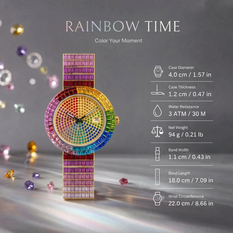 KDW KDW-2401 Quartz Watch - Live Edition Men's & Women's Luxury Iced-Out Full Rainbow Gradient Crystals Encrusted Gold Case Luminous Hands Date Window Stainless Steel Band Hiphop Wristwatch