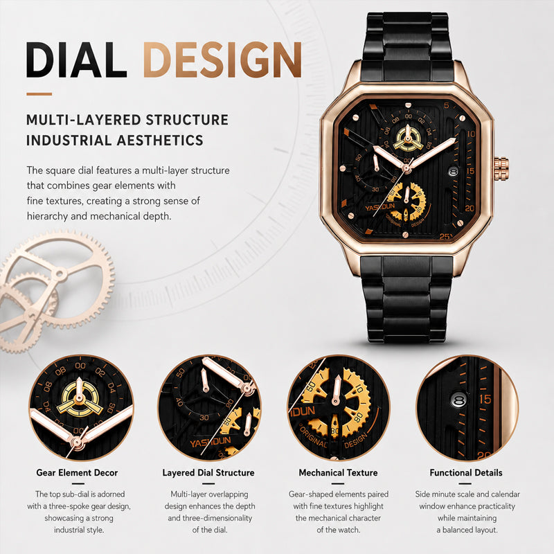 YASHDUN YSD5061 Quartz Watch - Live Edition Men's Heavy Industrial 43mm Square-Octagonal Case Steampunk Mechanical Gear Illusion Dial Date Steel Link Bracelet Wristwatch