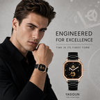 YASHDUN YSD5061 Quartz Watch - Live Edition Men's Heavy Industrial 43mm Square-Octagonal Case Steampunk Mechanical Gear Illusion Dial Date Steel Link Bracelet Wristwatch