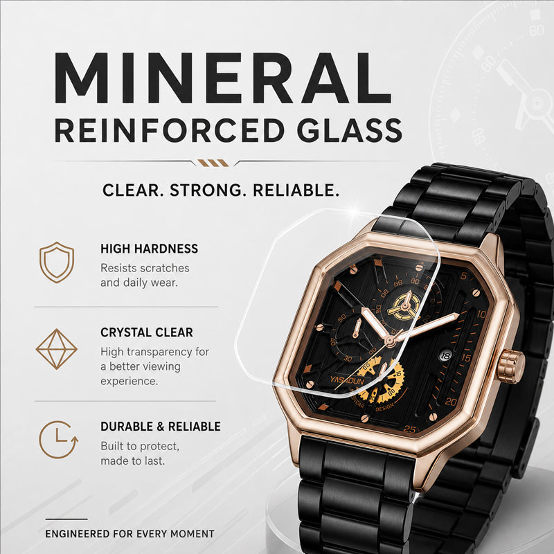 YASHDUN YSD5061 Quartz Watch - Live Edition Men's Heavy Industrial 43mm Square-Octagonal Case Steampunk Mechanical Gear Illusion Dial Date Steel Link Bracelet Wristwatch