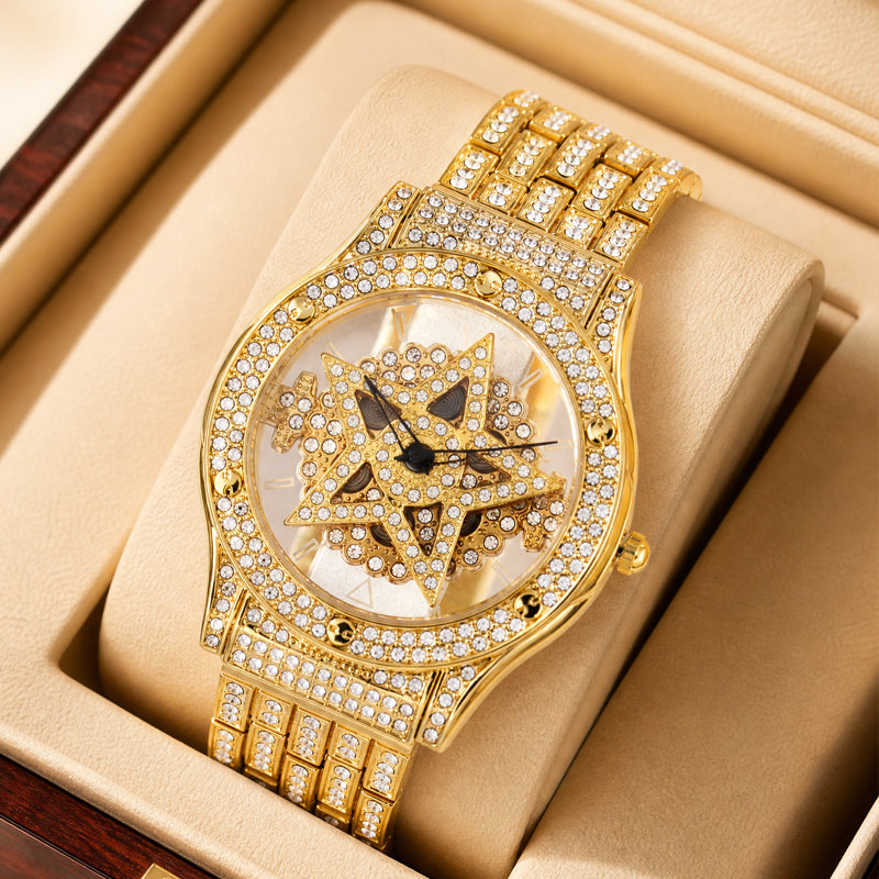 LOOK WORLD RKS245 Live Edition Men's Iced Out Watch - Luxury Full Crystals Encrusted Round Case Creative Spinning Star Dial Metal Band Hiphop Wristwatch