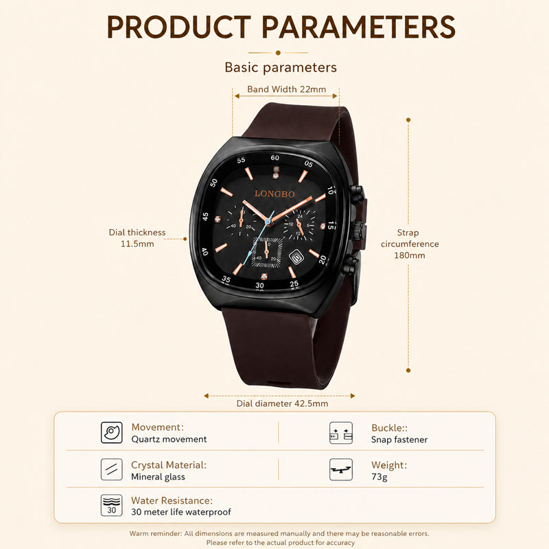LONGBO LB83920 Live Edition Men's Modern Sport Watch - Sleek TV Shaped Rectangle Case Oil Pressed Dial 4:30 Date Lightweight Silicone Strap Wristwatch