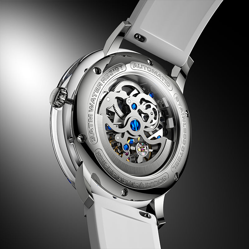 Sollen SL320 Men's Full Skeleton Automatic Mechanical Watch - 42mm K9 Glass Case Sandblasted Open Dial Fluororubber Strap Wristwatch