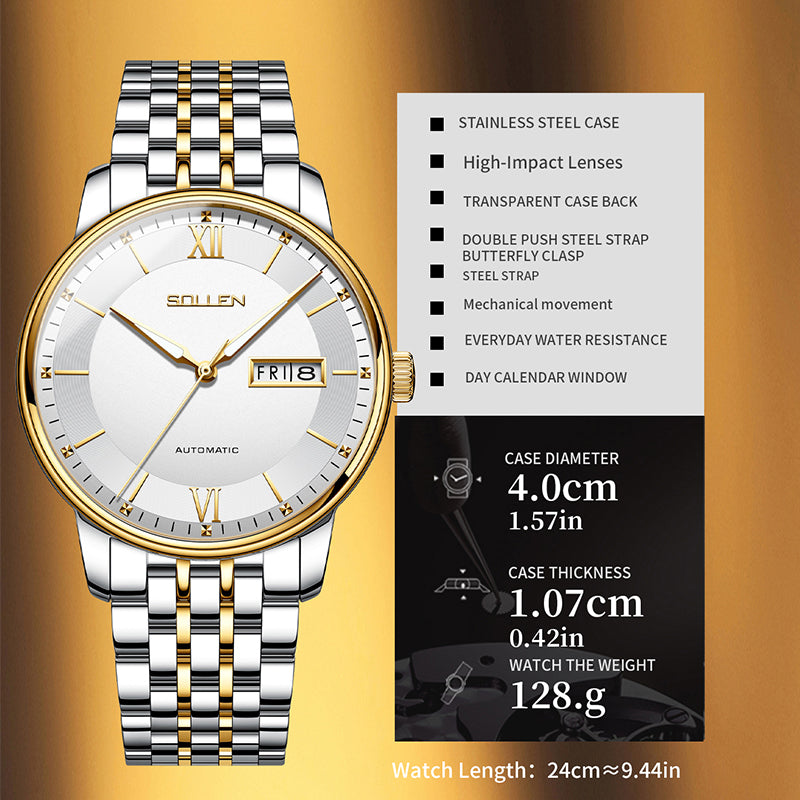 Sollen 9050 Automatic Watch - Men's Dual Calendar Sunray Dial 9-Bead Stainless Steel Bracelet Wristwatch