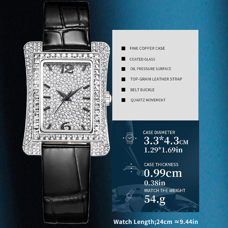 Sollen SL432 Women's Tank Quartz Watch - 33x43mm Full Pave Crystal Dial Iced Out Genuine Leather Strap Wristwatch