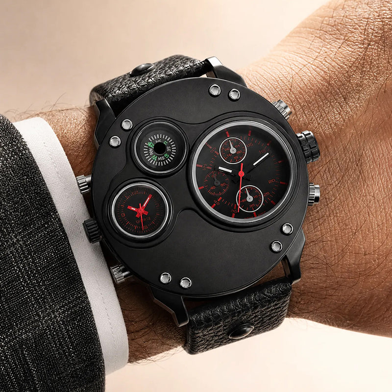 Oulm HP3741 Live Edition Men's Tactical Watch - Cyberpunk Multi Time Zone Dual Movement Oversized Round Armor Case with Built-in Compass Sport Wristwatch