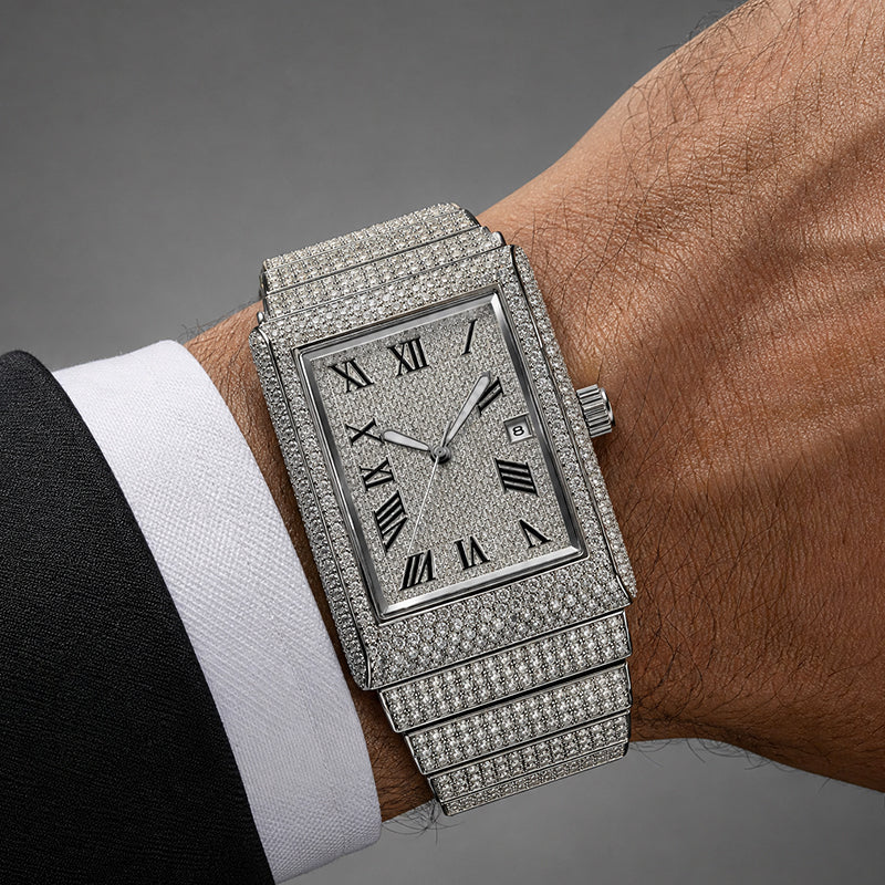 KDW KDW8337G Quartz Watch - Live Edition Men's Luxury Heavy 54mm Full Iced-Out Crystal Pavé Square Case Roman Numeral Day-Date Fully Encrusted Wide Link Bracelet Wristwatch