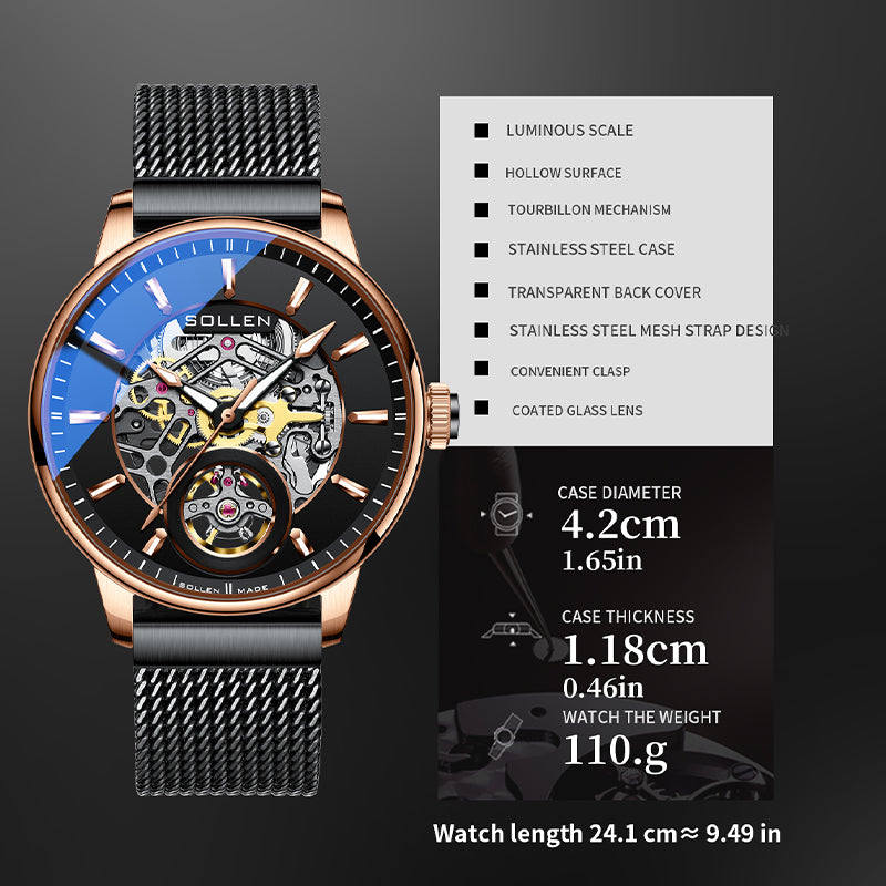 Sollen SL208 Men's Full Skeleton Automatic Mechanical Watch - 42mm Stainless Steel Case Frosted Open Dial Luminous Hands Wristwatch