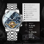 Sollen SL804 Multi-Function Watch - Men's Open-Heart Moonphase Sunburst Dial 7-Bead Stainless Steel Bracelet Wristwatch
