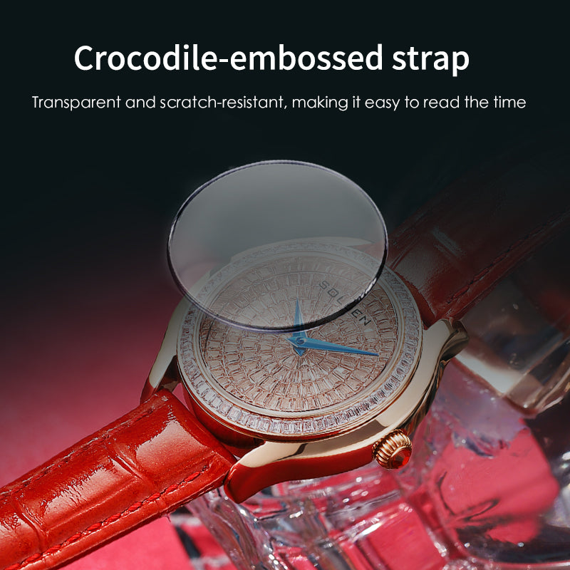 Sollen SL436 Women's Quartz Watch - 36mm Full Pave Crystal Dial Ruby Crown Genuine Leather Strap Wristwatch