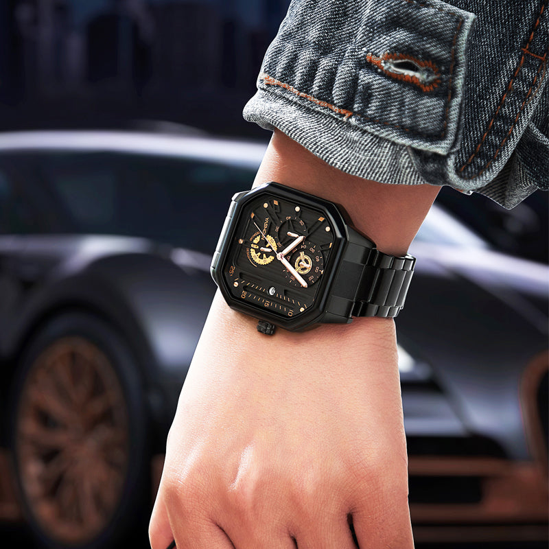 YASHDUN YSD5061 Quartz Watch - Live Edition Men's Heavy Industrial 43mm Square-Octagonal Case Steampunk Mechanical Gear Illusion Dial Date Steel Link Bracelet Wristwatch