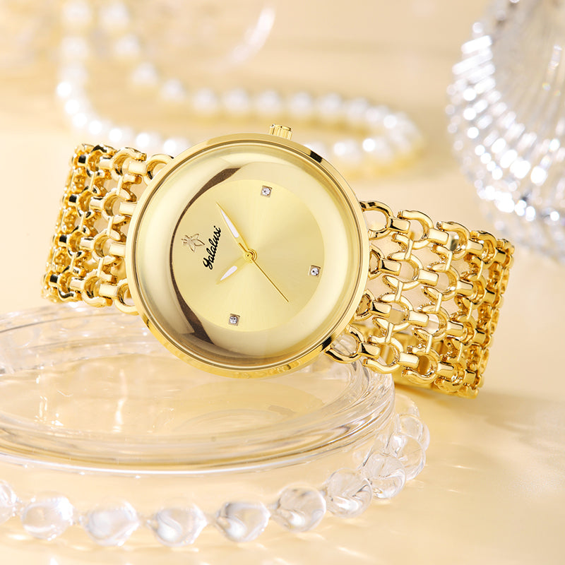 LX-1016 Quartz Watch - Live Edition Unisex Modern 40mm Ultra-Slim 8mm Case Faceted Cut Lens Full IPG Gold Plating Luxury 26mm Woven-Link Bracelet Timepiece