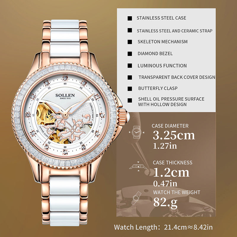 Sollen SL402 Women's Skeleton Automatic Mechanical Watch - 32.5mm Crystal Bezel Mother of Pearl Dial Ceramic Stainless Steel Bracelet Wristwatch