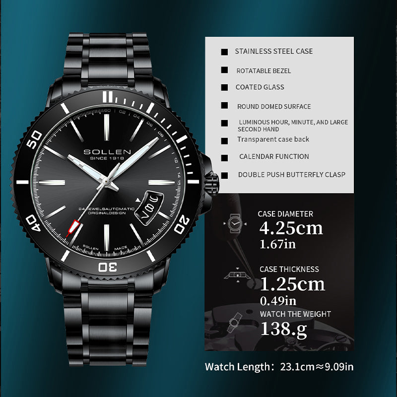 Sollen SL609 Automatic Watch - Men's Stainless Steel 5-Bead Bracelet Rotatable Bezel Seiko NH35A Wristwatch