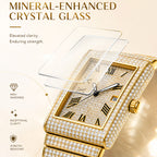 KDW KDW8315L Quartz Watch - Live Edition Women's Luxury 46mm Full Iced-Out Crystal Pavé Square Case Roman Numeral Day-Date Luminous Hands Fully Encrusted Link Bracelet Wristwatch