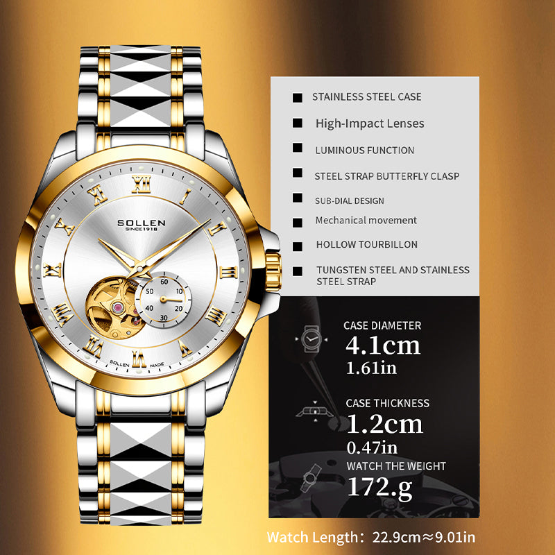 Sollen 9060 Automatic Watch - Men's Executive Open-Heart Flywheel Small Seconds 7-Bead Stainless Steel Bracelet Wristwatch