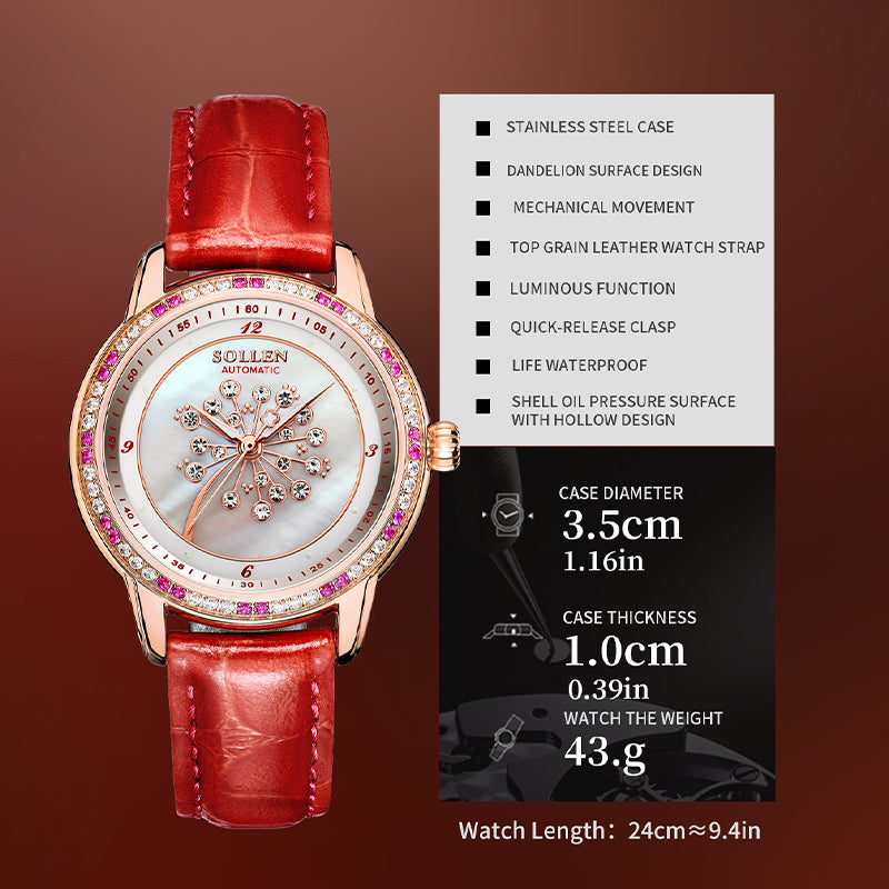 Sollen SL408 Women's Dandelion Skeleton Automatic Watch - 35mm Crystal Bezel Mother of Pearl Dial Leather Strap Wristwatch