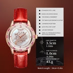 Sollen SL408 Women's Dandelion Skeleton Automatic Watch - 35mm Crystal Bezel Mother of Pearl Dial Leather Strap Wristwatch