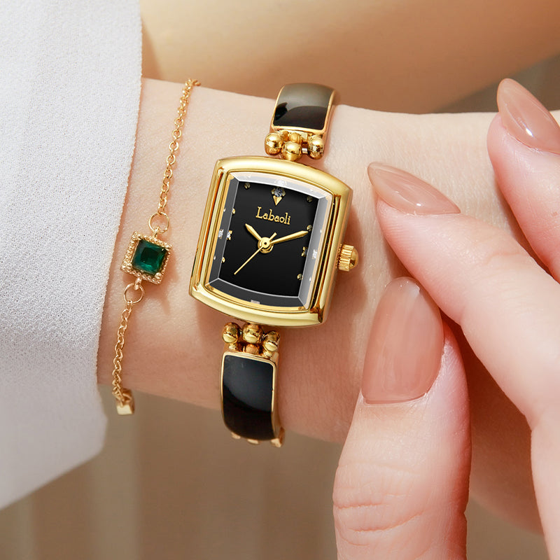 Labaoli LA653 Quartz Watch - Live Edition Women's Elegant 20mm Square Tonneau Case Faceted Diamond-Cut Glass Minimalist Crystal Dial Full IPG Gold Enamel Texture Bangle Bracelet Timepiece