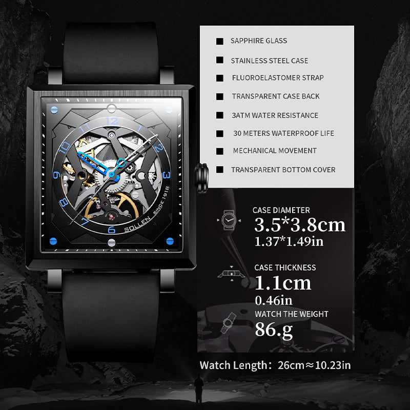 Sollen SL205 Men's Square Skeleton Automatic Mechanical Watch - 35x38mm Stainless Steel Case Sapphire Crystal Open Dial Fluororubber Strap Wristwatch