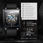 Sollen SL205 Men's Square Skeleton Automatic Mechanical Watch - 35x38mm Stainless Steel Case Sapphire Crystal Open Dial Fluororubber Strap Wristwatch
