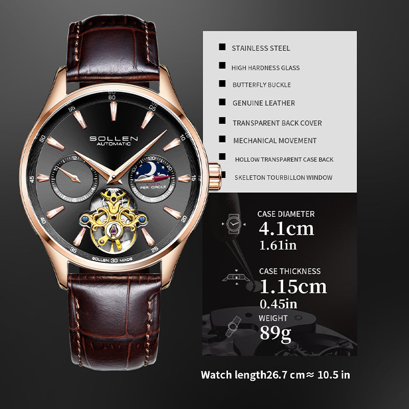 Sollen SL306 Men's Open Heart Automatic Mechanical Watch - 41mm Stainless Steel Case Moon Phase Dual Time Luminous Dial Wristwatch