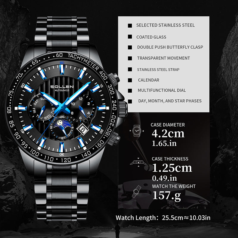 Sollen SL608 Automatic Watch - Men's Multi-Function Moonphase Stainless Steel 5-Bead Bracelet Wristwatch